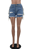 Light Summer Casual Water Washing Hole Tassel Jeans Shorts W8393