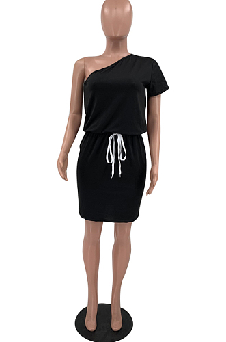Black Summer One Shoulder Mid Waist Sexy Loose Pure Color Dress TD80050-2