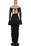 Black Off Shoulder One Word led Flare Sleeve Ruffle Sexy Dress SMD82075-1