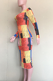 Red Blue Fashion Digital Printing Net Yarn Long Sleeve Dress ORY5197-1