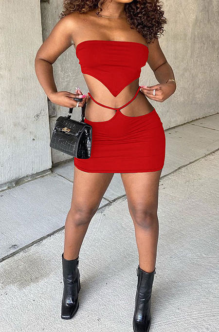 Red Women Chest Wrap Triangular Bandage Hollow Out Sexy Skirts Sets Q889-3