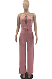 Pink Fashion Sexy Pure Color Knotted Strap Open Fork Sleeveless Jumpsuits PQ8054-1