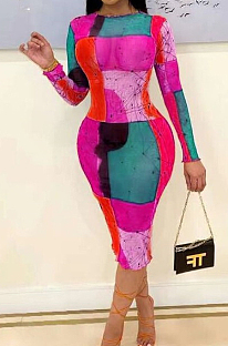 Rose Red  Fashion Digital Printing Net Yarn Long Sleeve Dress ORY5197-3