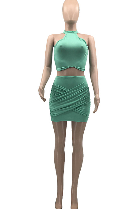 Green Summer Sleeveless Sexy Small Vest Pure Color Short Skirts Two Piece QSS8018-2