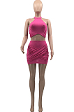 Rose Red Summer Sleeveless Sexy Small Vest Pure Color Short Skirts Two Piece QSS8018-1