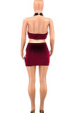 Wine Red Euramerican Women Velvet Trendy Sexy Sleeveless Top Skirts Sets PY820-1