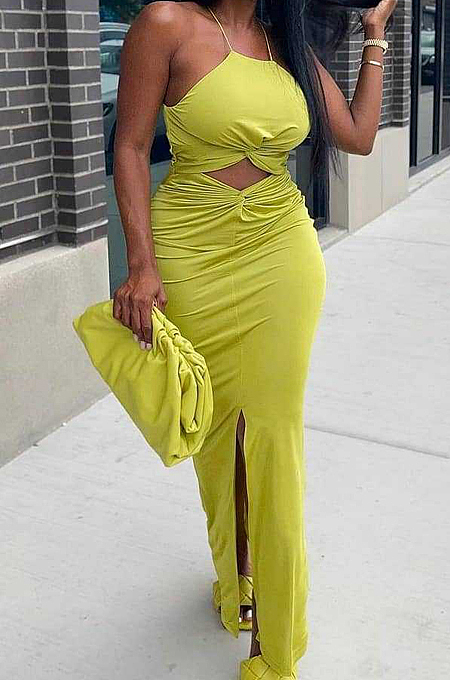 Yellow Sexy Summer Sling Holle Out Open Fork Long Dress PQ8052-2