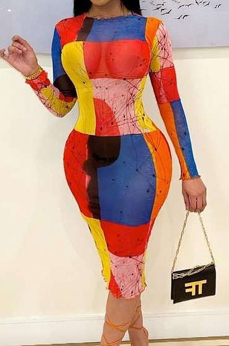 Red Blue Fashion Digital Printing Net Yarn Long Sleeve Dress ORY5197-1