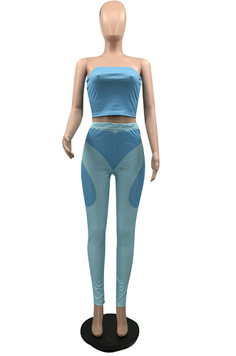 Light Blue Fashion Sexy Boob Tube Top Long Pants Two Piece QSS51022-1