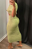 Women Sexy Pure Color Shirred Detail Short Sleeve Long Dress NRS8077