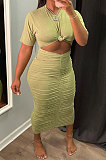 Women Sexy Pure Color Shirred Detail Short Sleeve Long Dress NRS8077