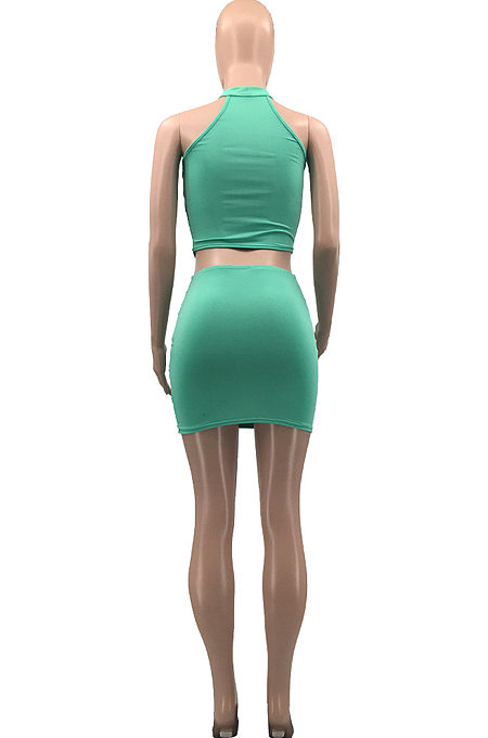 Green Summer Sleeveless Sexy Small Vest Pure Color Short Skirts Two Piece QSS8018-2