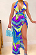 Colorful Purple Fashion Tie Dye Print Halter Neck Open Fork Dress QSS51017-2