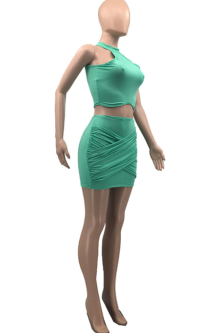 Green Summer Sleeveless Sexy Small Vest Pure Color Short Skirts Two Piece QSS8018-2
