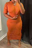 Women Sexy Pure Color Shirred Detail Short Sleeve Long Dress NRS8077