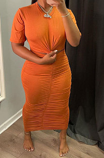 Women Sexy Pure Color Shirred Detail Short Sleeve Long Dress NRS8077