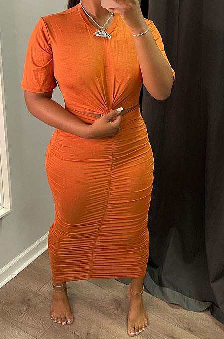 Women Sexy Pure Color Shirred Detail Short Sleeve Long Dress NRS8077