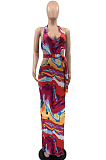 Colorful Pink Fashion Tie Dye Print Halter Neck Open Fork Dress QSS51017-1