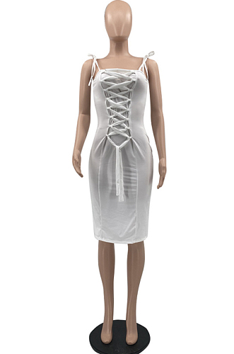 White Euramerican Pure Color Ribbon Sling Slim Fitting Dress QSS51018-1