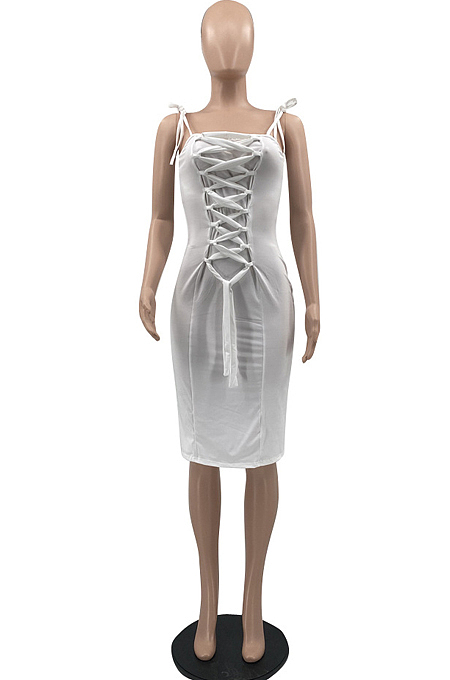White Euramerican Pure Color Ribbon Sling Slim Fitting Dress QSS51018-1