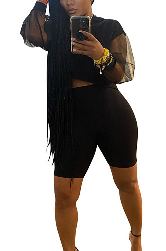 Black Euramerican Women Pure Color Net Yarn Spliced Lantern Sleeve Five Minute Shorts Sest Q902-1
