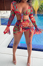 Red Flower Euramerican Women Net Yarn Perspective Bandage Shirred Detail Sexy Lotus Leaf Sleeve Skirts Sets Q899-1