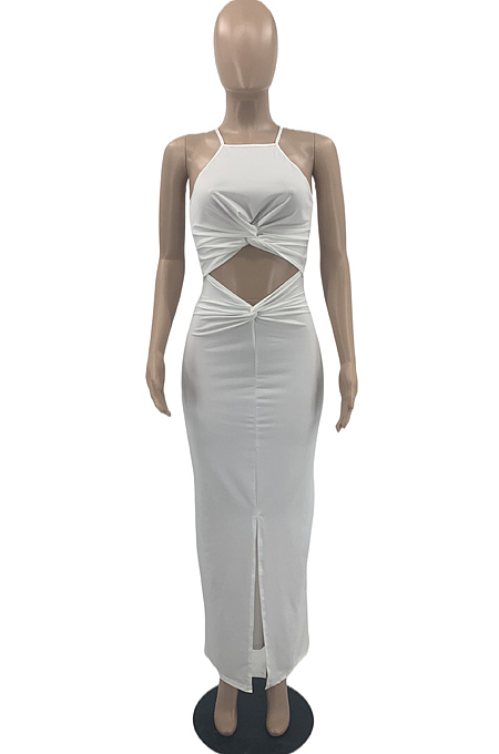 White Sexy Summer Sling Holle Out Open Fork Long Dress PQ8052-1