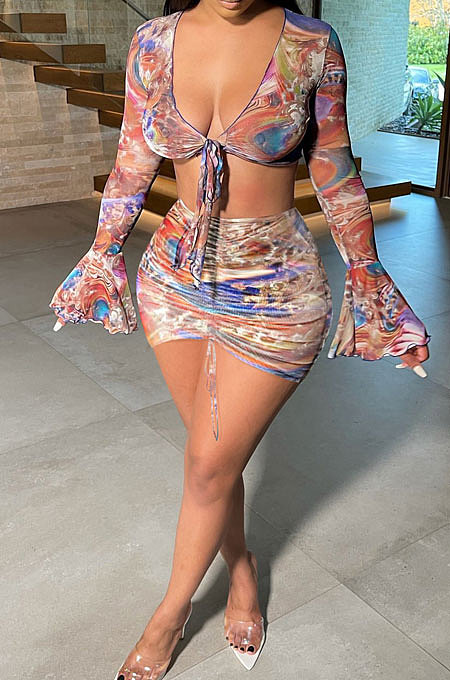 Multi Euramerican Women Net Yarn Perspective Bandage Shirred Detail Sexy Lotus Leaf Sleeve Skirts Sets Q899-5