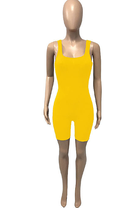 Yellow Pure Color Screw Thread Bodycon Casual Vest Romper Shorts Q896-2