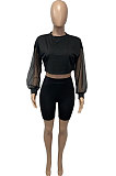 Black Euramerican Women Pure Color Net Yarn Spliced Lantern Sleeve Five Minute Shorts Sest Q902-1