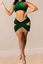 Dark Green Euramerican Women Velvet Trendy Sexy Sleeveless Top Skirts Sets PY820-3