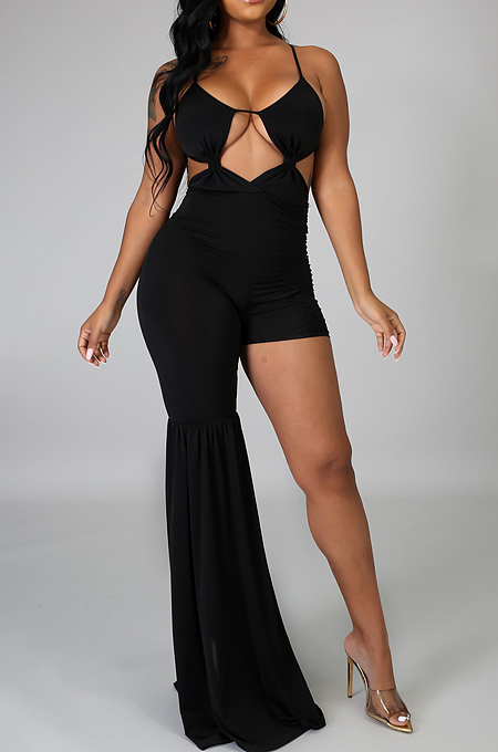 Black Summer Fashion Sling Sexy Knotted Strap Flare Jumpsuits PQ8055-1