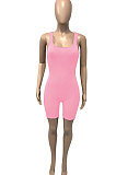 Pink Pure Color Screw Thread Bodycon Casual Vest Romper Shorts Q896-6