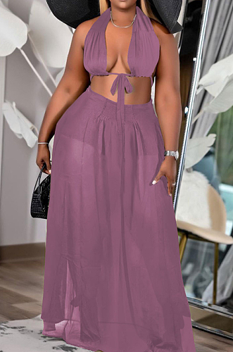 Purple Cute Chiffon Boot Tube Top Long Skirts Two Piece MTY6556-2