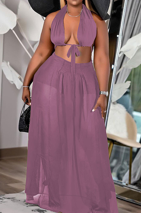 Purple Cute Chiffon Boot Tube Top Long Skirts Two Piece MTY6556-2