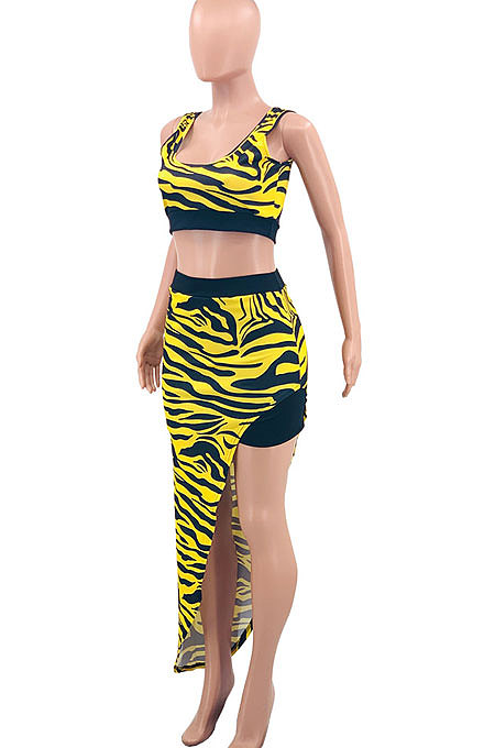 Yellow Euramerican Women Fashion Sexy Stripe Printing Skirts Sets PY819-2