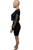 Black Euramerican Women Pure Color Net Yarn Spliced Lantern Sleeve Five Minute Shorts Sest Q902-1