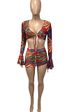 Red Flower Euramerican Women Net Yarn Perspective Bandage Shirred Detail Sexy Lotus Leaf Sleeve Skirts Sets Q899-1