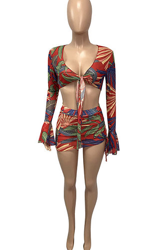 Red Flower Euramerican Women Net Yarn Perspective Bandage Shirred Detail Sexy Lotus Leaf Sleeve Skirts Sets Q899-1