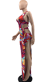 Colorful Pink Fashion Tie Dye Print Halter Neck Open Fork Dress QSS51017-1