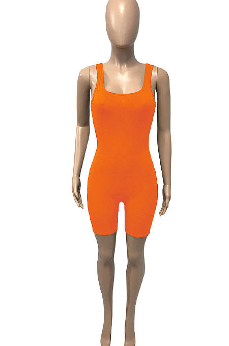 Orange Pure Color Screw Thread Bodycon Casual Vest Romper Shorts Q896-9