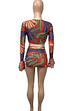 Red Flower Euramerican Women Net Yarn Perspective Bandage Shirred Detail Sexy Lotus Leaf Sleeve Skirts Sets Q899-1