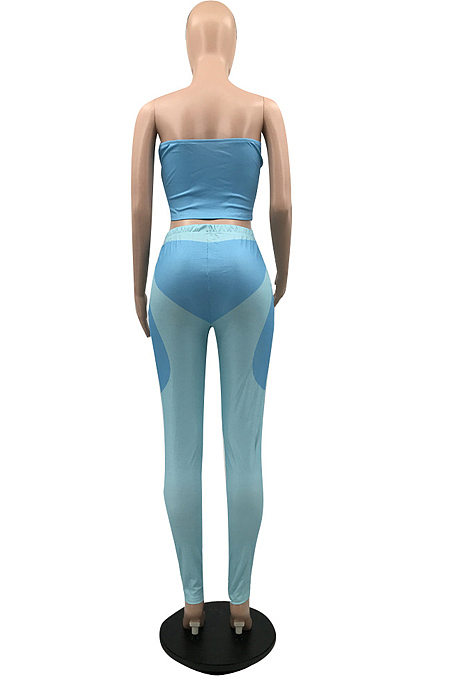 Light Blue Fashion Sexy Boob Tube Top Long Pants Two Piece QSS51022-1