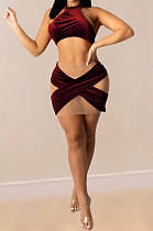 Wine Red Euramerican Women Velvet Trendy Sexy Sleeveless Top Skirts Sets PY820-1