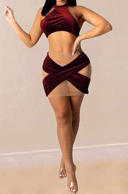 Wine Red Euramerican Women Velvet Trendy Sexy Sleeveless Top Skirts Sets PY820-1