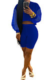 Blue Euramerican Women Pure Color Net Yarn Spliced Lantern Sleeve Five Minute Shorts Sest Q902-3