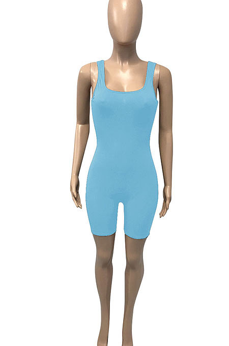 Light Blue Pure Color Screw Thread Bodycon Casual Vest Romper Shorts Q896-8