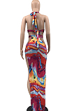 Colorful Pink Fashion Tie Dye Print Halter Neck Open Fork Dress QSS51017-1