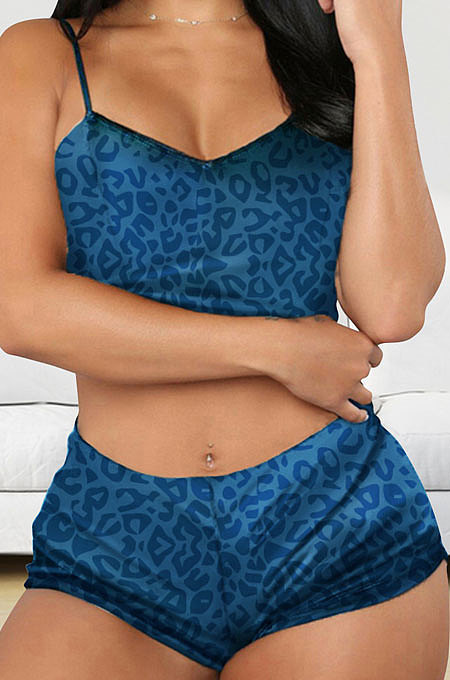 Blue Leopard Women Nightwear Condole Belt Printing Shorts Sets Q888-4