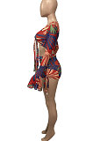 Red Flower Euramerican Women Net Yarn Perspective Bandage Shirred Detail Sexy Lotus Leaf Sleeve Skirts Sets Q899-1